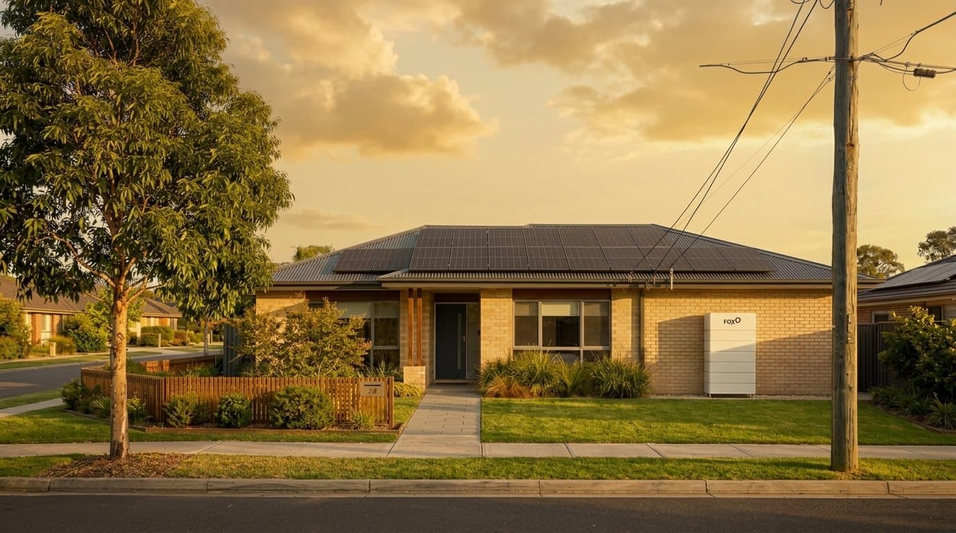 A brick home in golden evening light with solar panels on the roof and a white Fox ESS battery on the side wall
