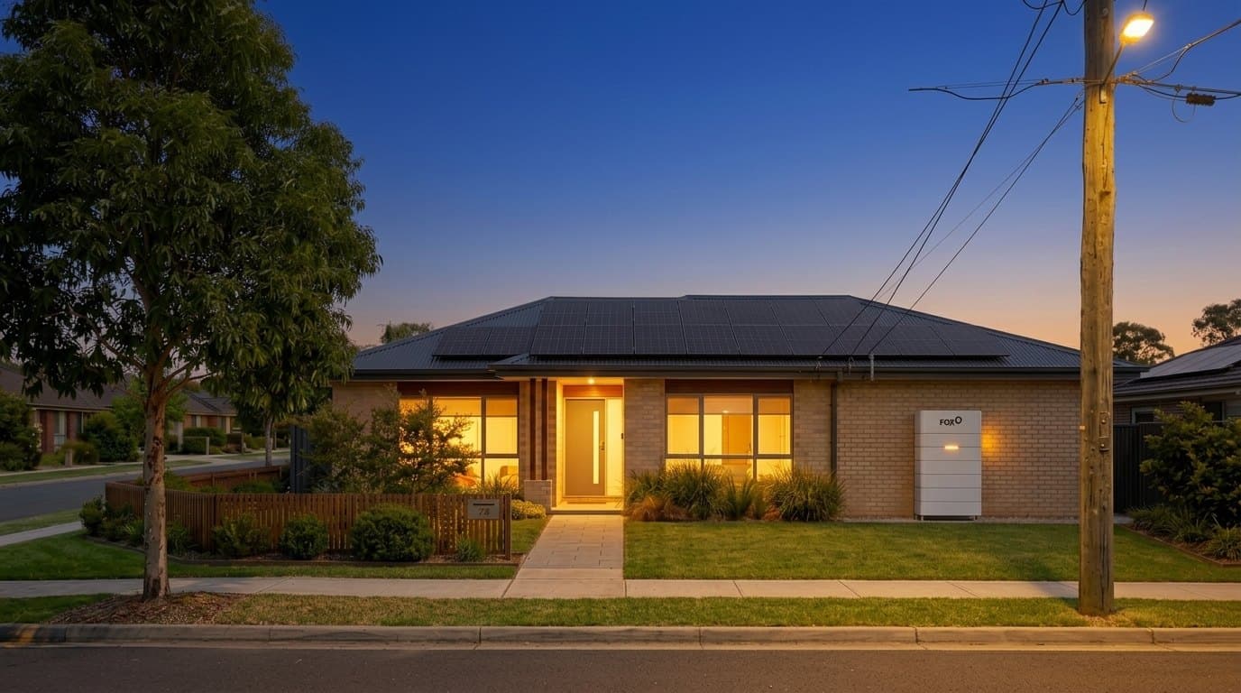 A brick home at dusk with solar panels on the roof and a wall-mounted battery beside the front door