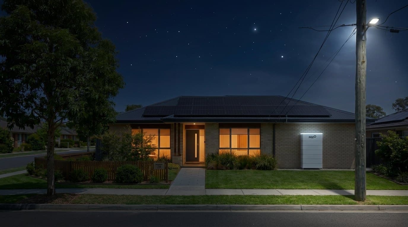 A single-storey brick home at night with solar panels on the roof, warm lights on inside and a white Fox ESS battery on the side wall