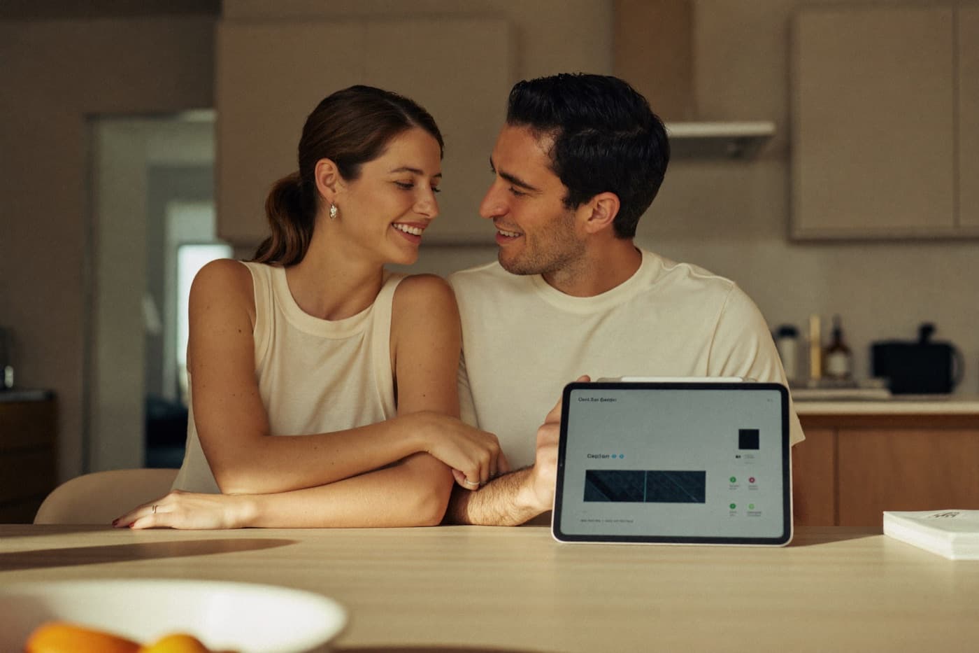 A couple reviewing a Sunnn solar and battery design at home