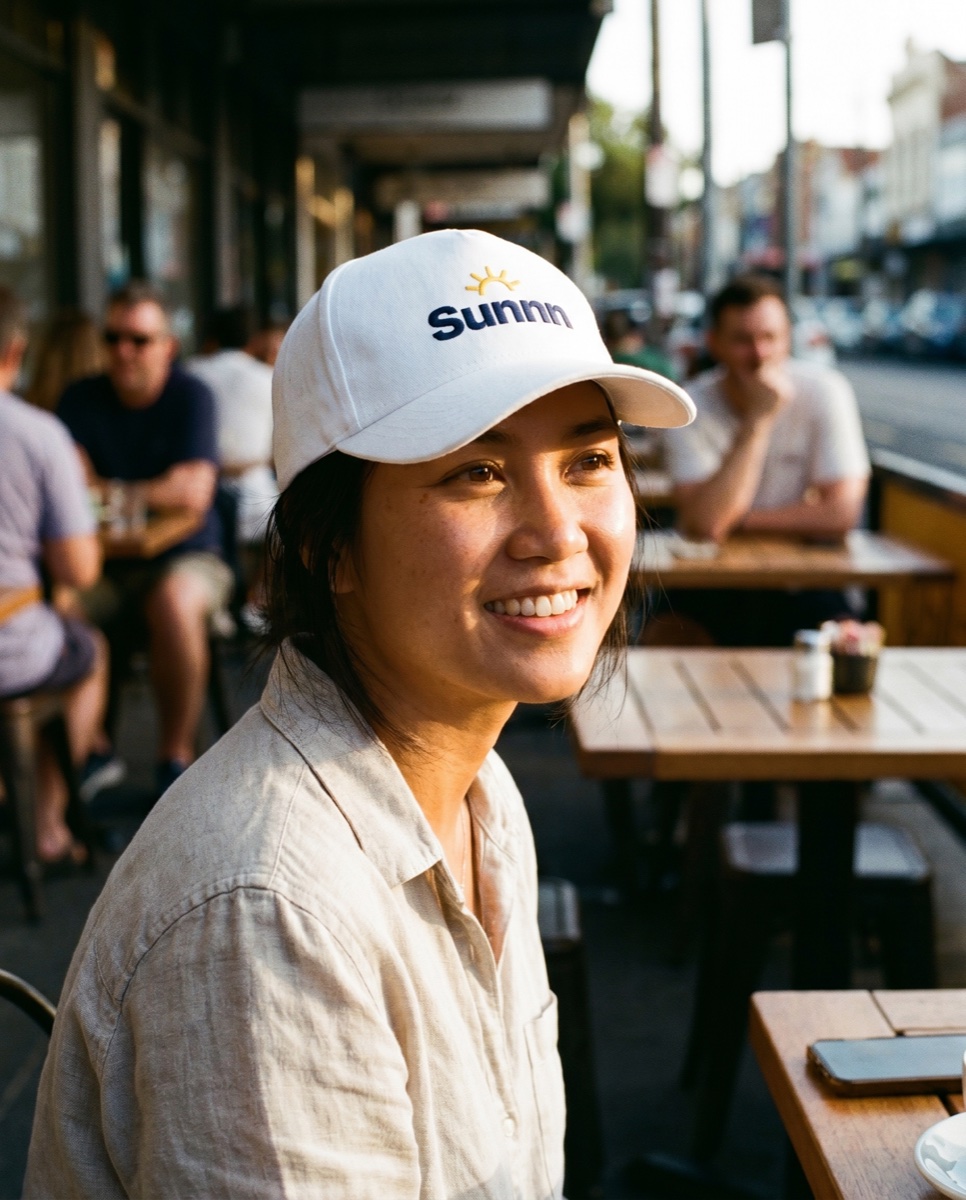 A customer wearing the Sunnn cap